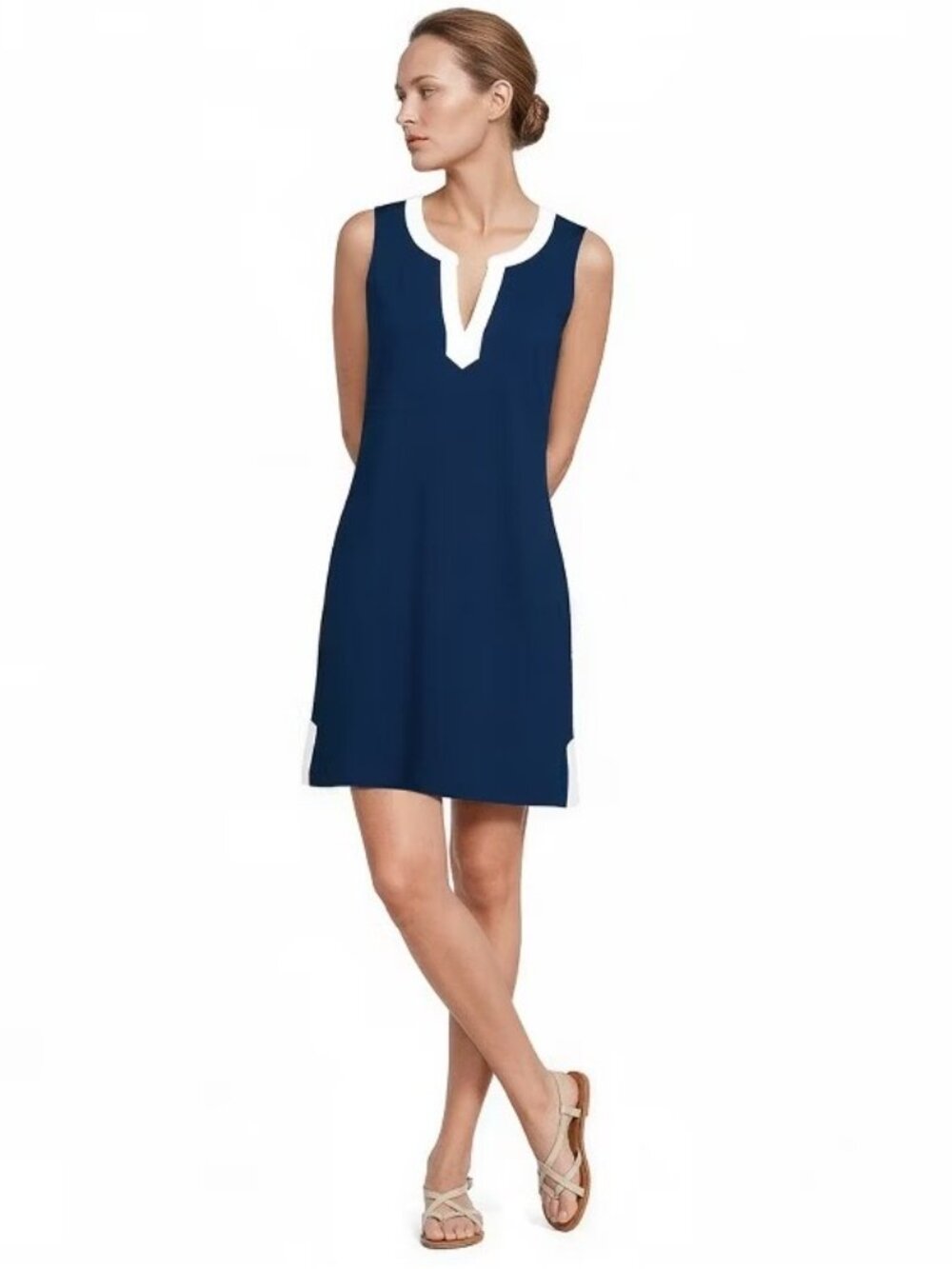 2/$30 Lands' End Jersey Contrast Notched Shift Dress Deep Sea Navy White #A4780